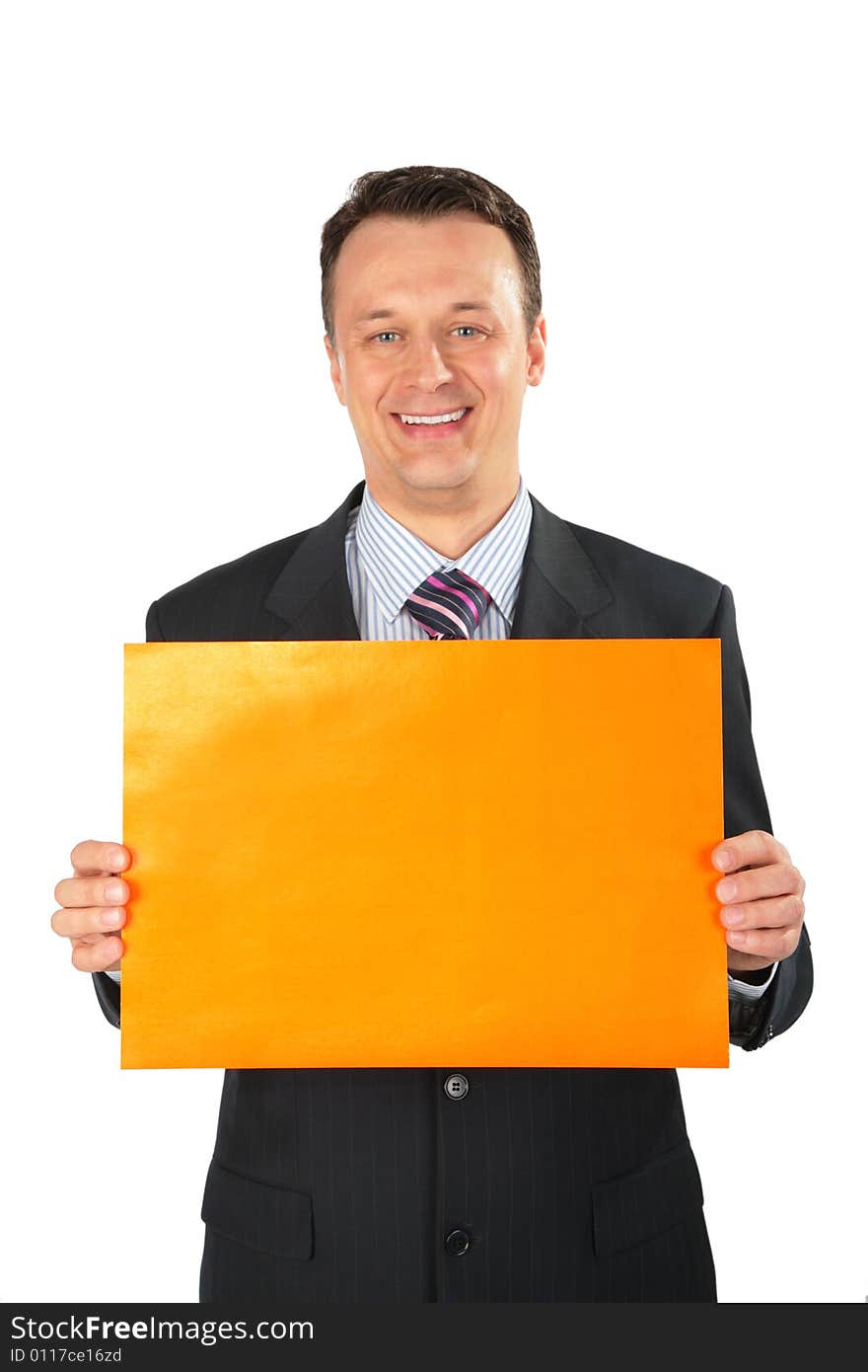 Businessman With Orange Leaf Of Paper