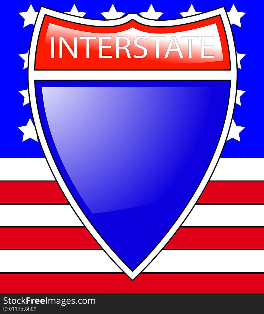 The interstate sign symbol with the American flag behind it. The interstate sign symbol with the American flag behind it.