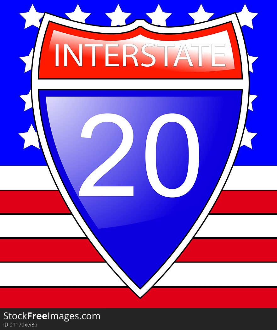 The interstate sign symbol with the American flag behind it.