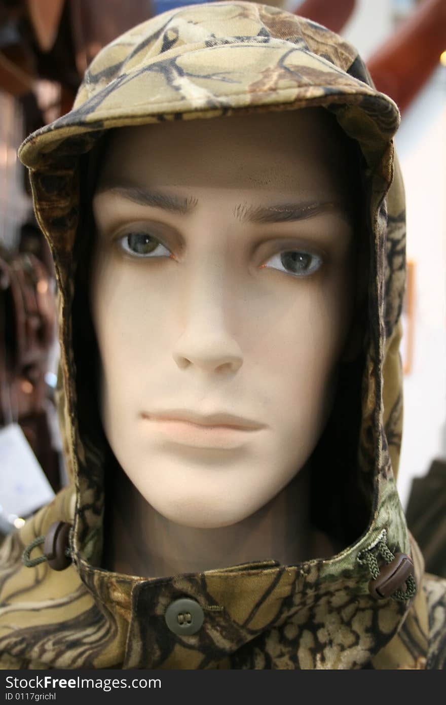 Head of mannequin in masking, disguise hood