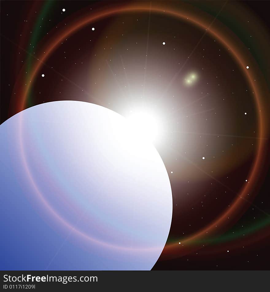 Illustration of the sun rising from behind a planet. Illustration of the sun rising from behind a planet