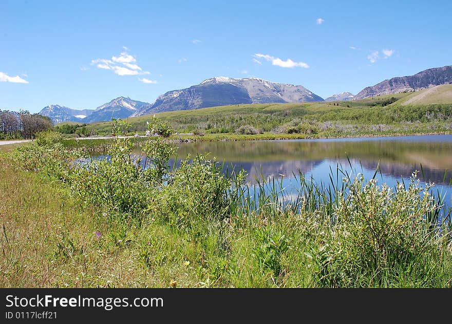 Landscapes of snow mountains, lake and lakeside wild flowers in waterton lake national park, usa. Landscapes of snow mountains, lake and lakeside wild flowers in waterton lake national park, usa