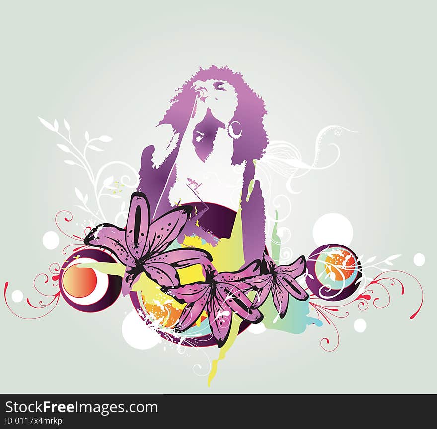 Illustration of a singer and decorative patterns