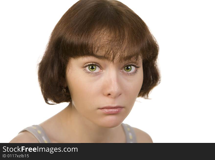 A photo of beautiful sad woman over white. A photo of beautiful sad woman over white