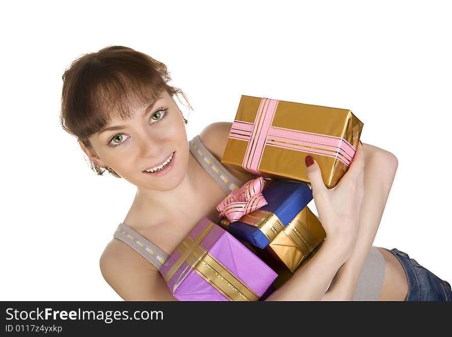 A close- up of happy girl with gifts over white