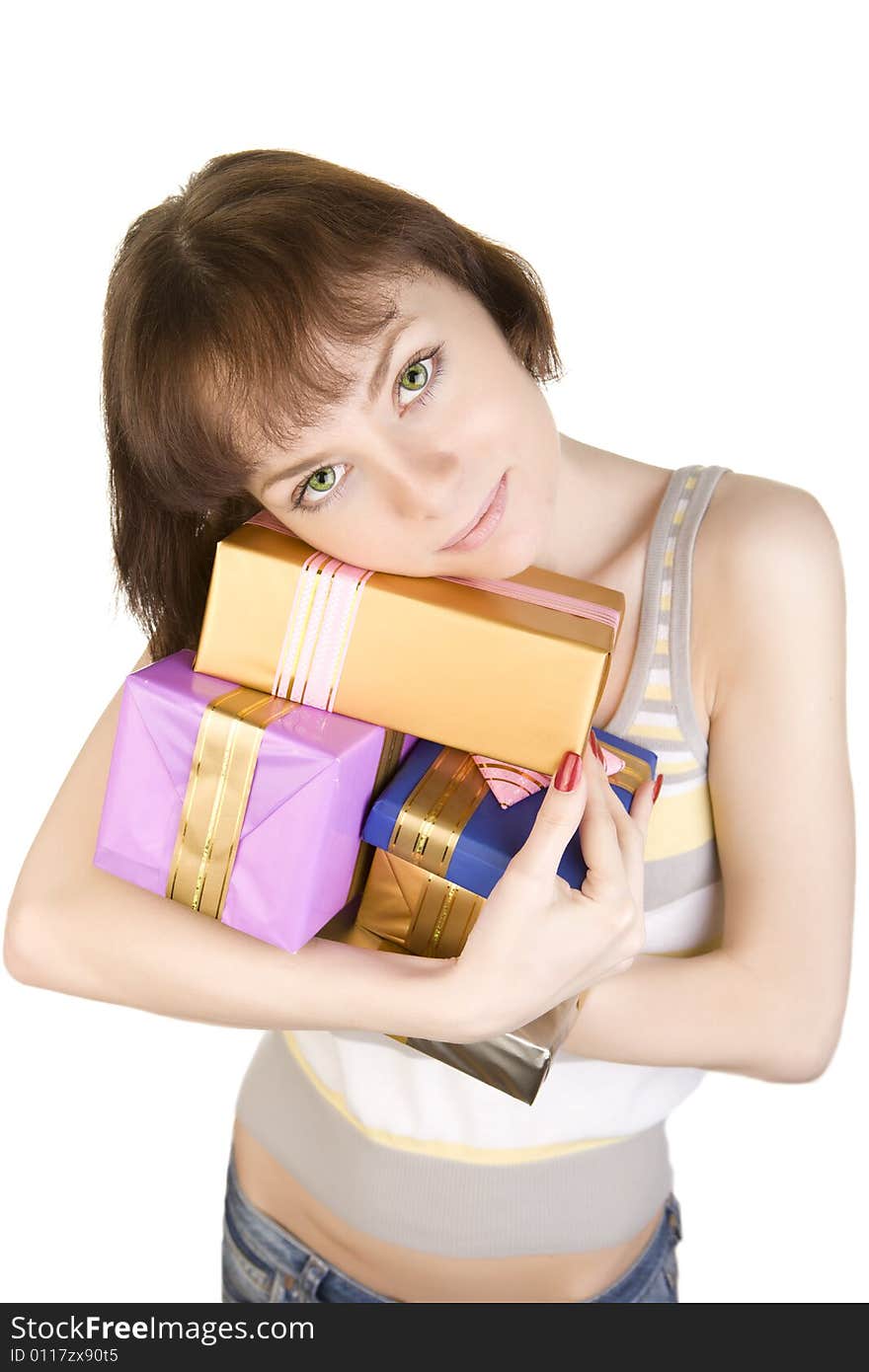 A photo of girl with gifts over white