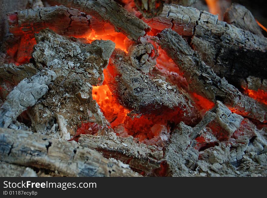 Burning coal in hot campfire flame