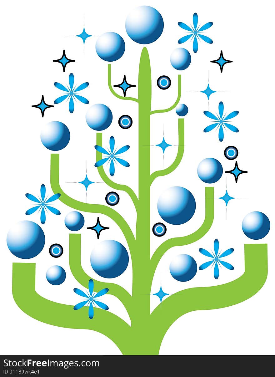 A Tree with Blue Decorations is Featured in an Abstract Illustration. A Tree with Blue Decorations is Featured in an Abstract Illustration.