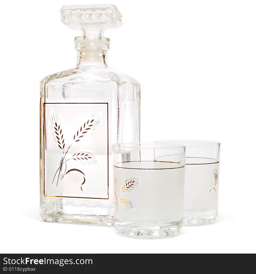 Set containing decanter for water or alcoholic drinks, and two glasses, isolated, 
with clipping path, on white background. Set containing decanter for water or alcoholic drinks, and two glasses, isolated, 
with clipping path, on white background