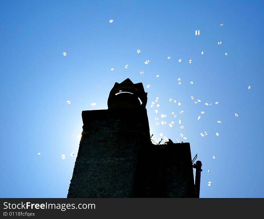 Bees or wasps swarming around a nest on a chimney pot. Bees or wasps swarming around a nest on a chimney pot