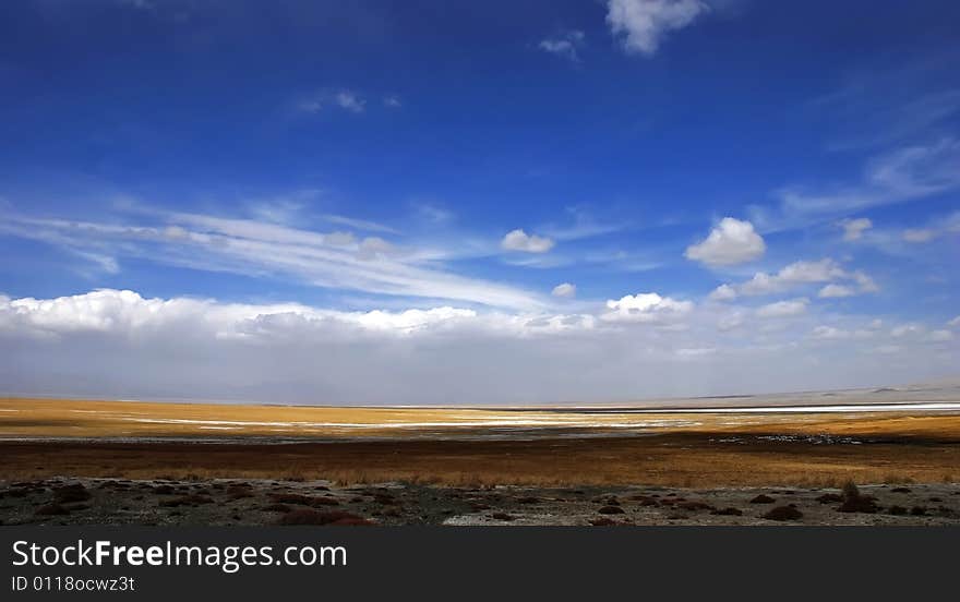 Golden Yellow Prairie And Blue Color Sky In Autumn