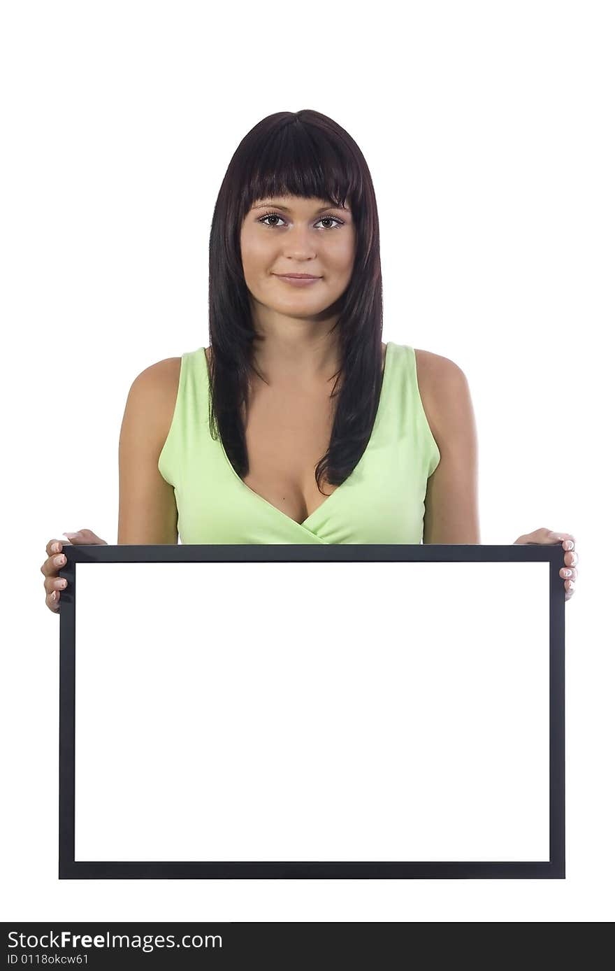 Atractive woman holding a blank sign (LCD) on a white background. Atractive woman holding a blank sign (LCD) on a white background