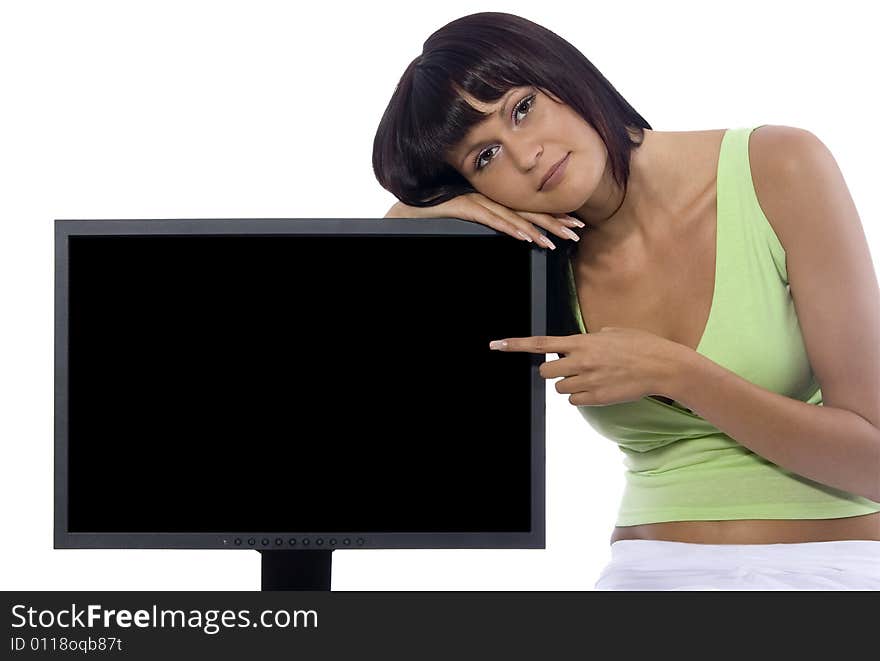 Atractive woman holding a blank sign (LCD) on a white background. Atractive woman holding a blank sign (LCD) on a white background