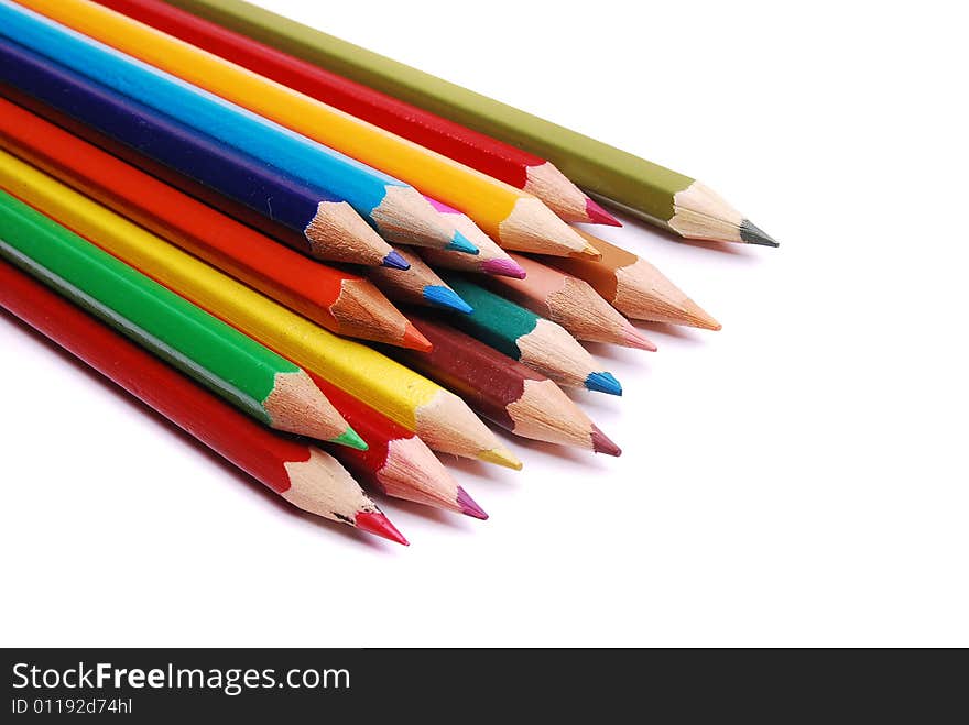 Closeup of color pencils, isolated on white