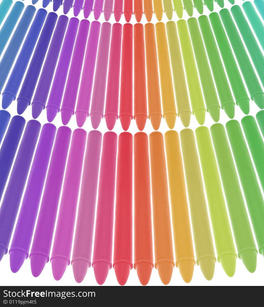 Diferently colored crayons aligned. Isolated on White. Focus at the front. Diferently colored crayons aligned. Isolated on White. Focus at the front.