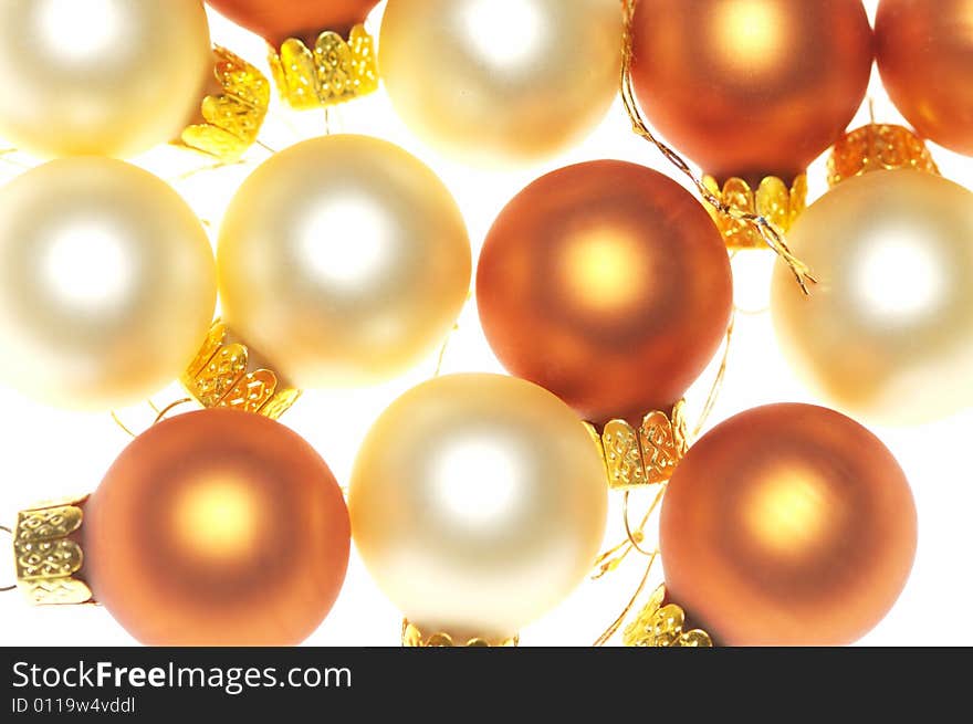 Close-up of white and bronze Christmas balls decoration. Close-up of white and bronze Christmas balls decoration