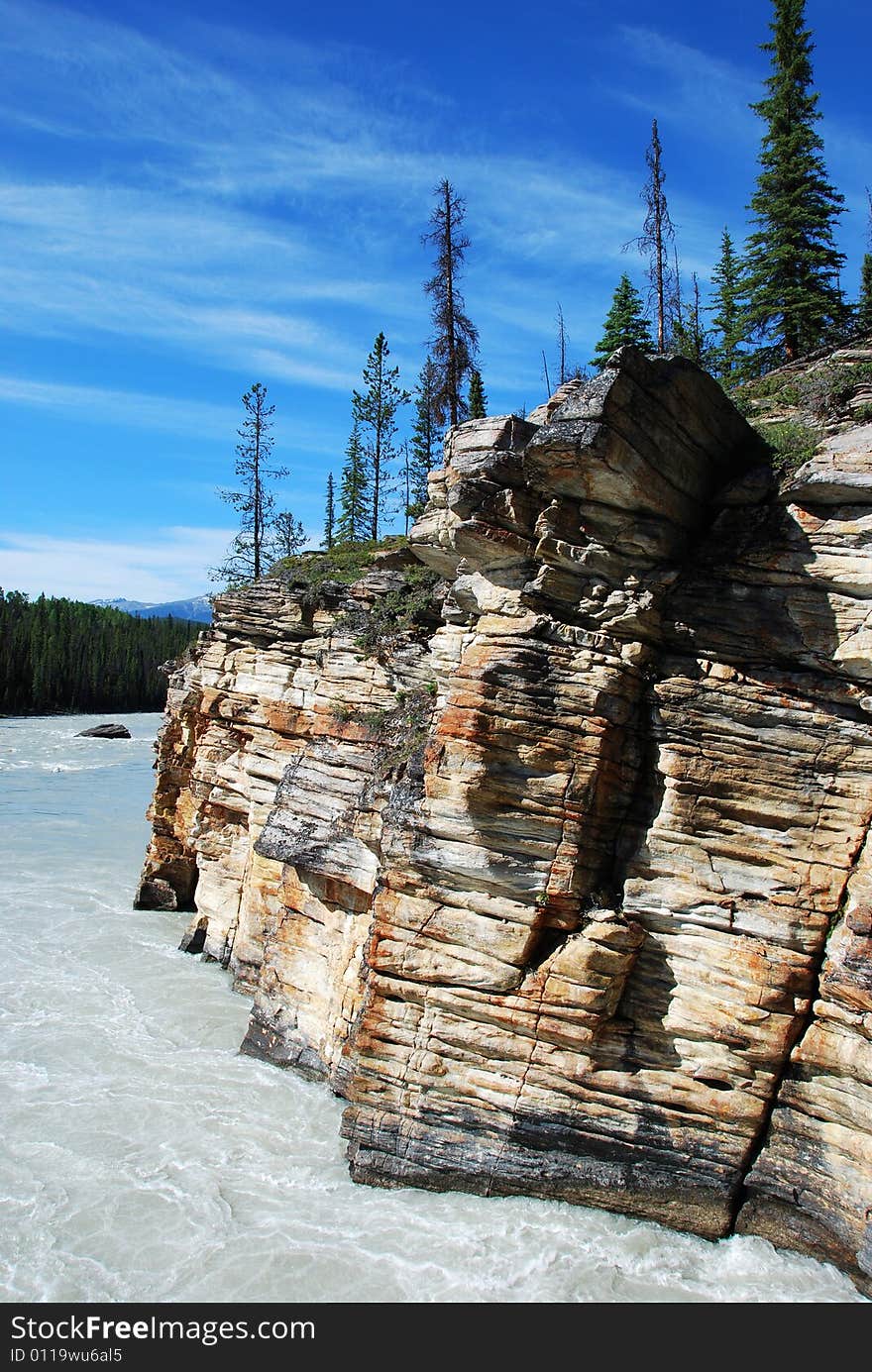 Downstream river of Athabasca Fall in Jasper National Park Alberta Canada. Downstream river of Athabasca Fall in Jasper National Park Alberta Canada