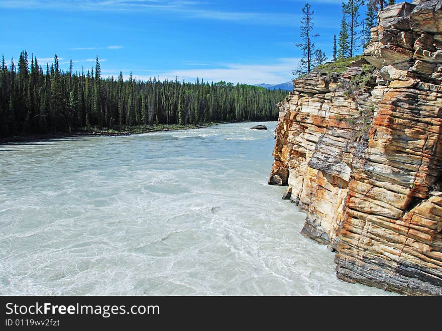 Downstream river of Athabasca Fall in Jasper National Park Alberta Canada. Downstream river of Athabasca Fall in Jasper National Park Alberta Canada