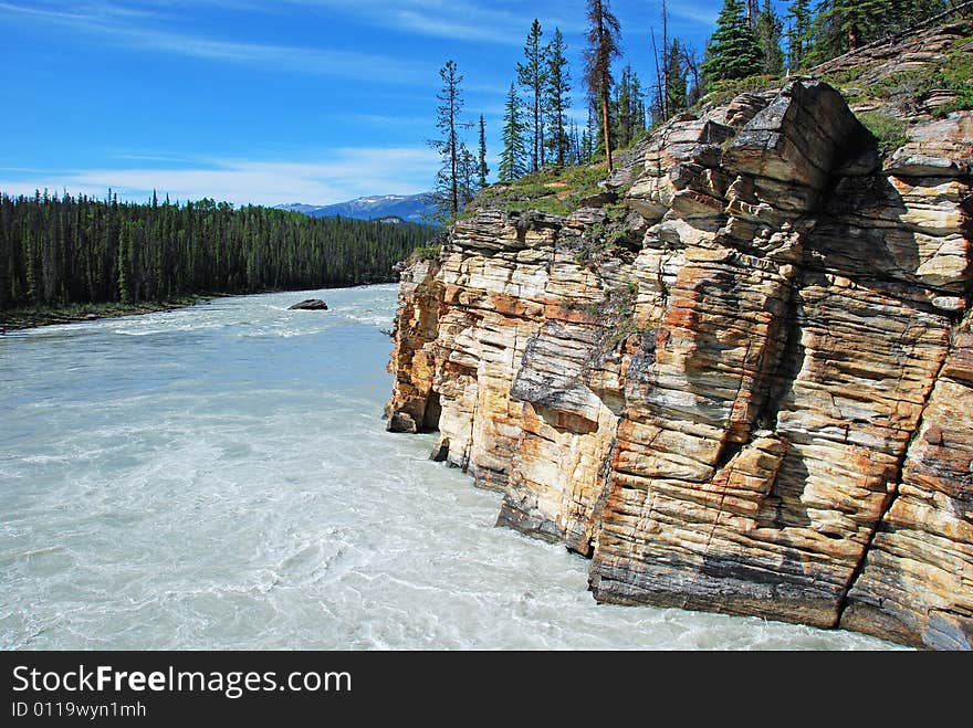 Downstream river of Athabasca Fall in Jasper National Park Alberta Canada. Downstream river of Athabasca Fall in Jasper National Park Alberta Canada