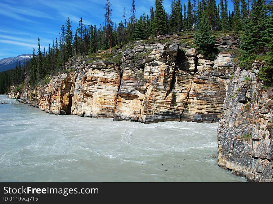 Downstream river of Athabasca Fall in Jasper National Park Alberta Canada. Downstream river of Athabasca Fall in Jasper National Park Alberta Canada