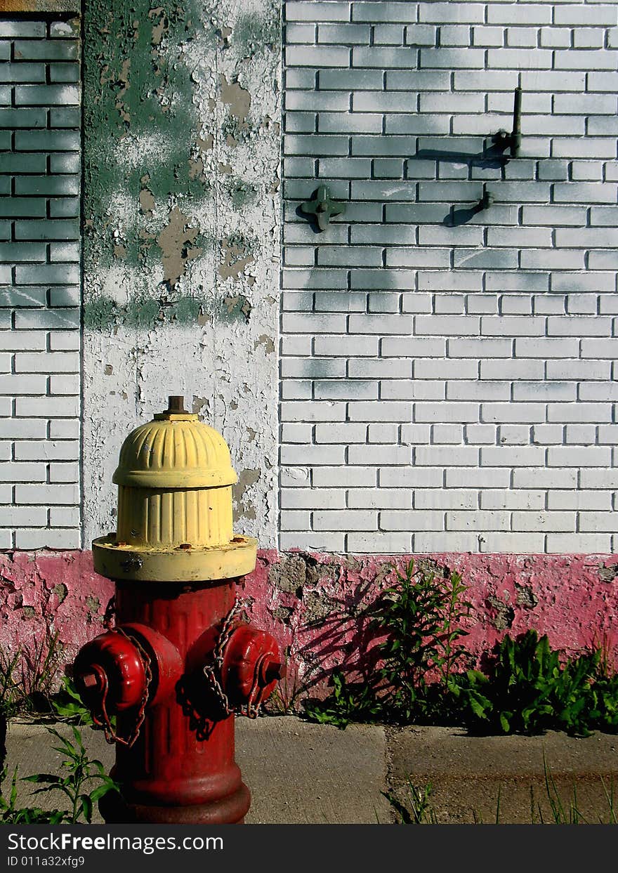 Close-up of fire hydrant in neighborhood. Building and sidewalk in background. Vertically framed shot. Close-up of fire hydrant in neighborhood. Building and sidewalk in background. Vertically framed shot.