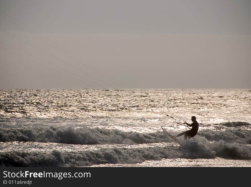 Kiteboarding at sunset in northern california