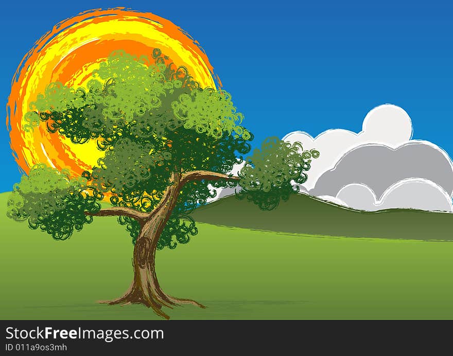 This is an illustration of a beautiful sunny day with clouds in the background. This is an illustration of a beautiful sunny day with clouds in the background.