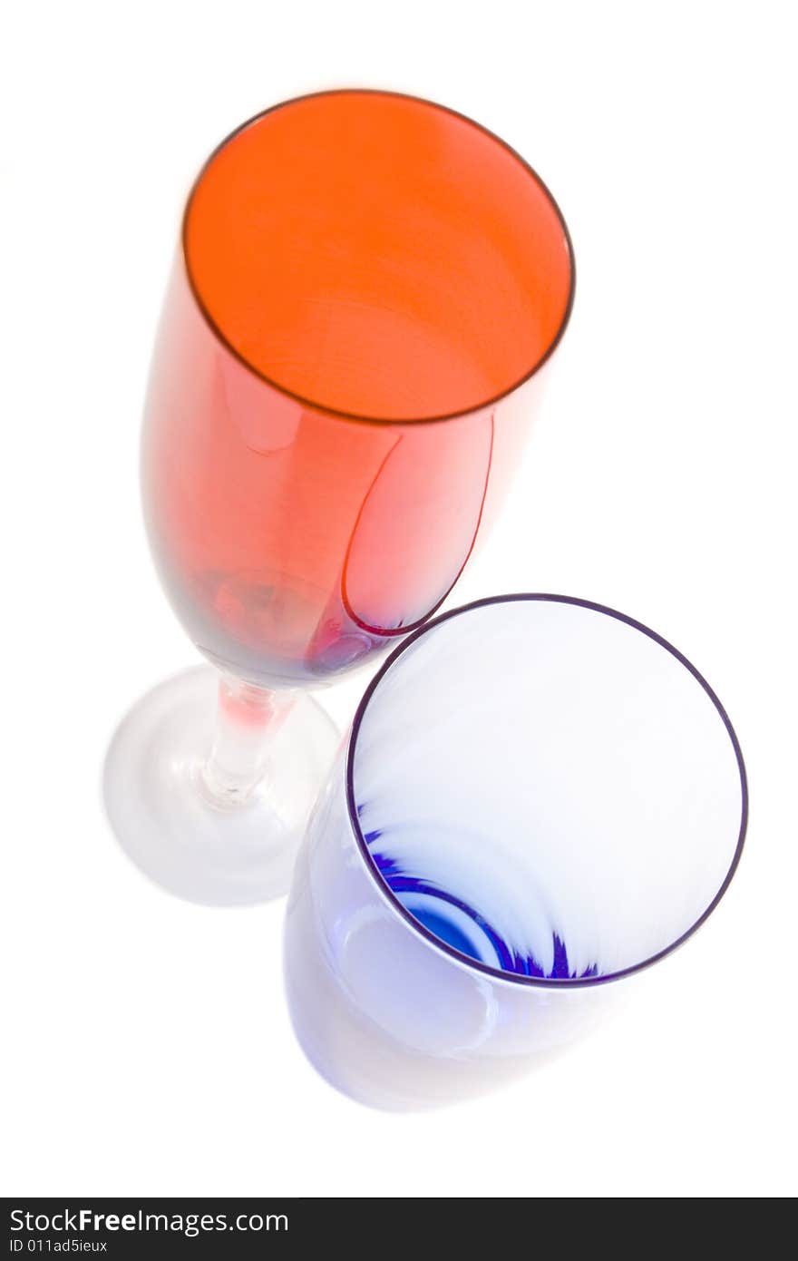 Red and blue glass on white background