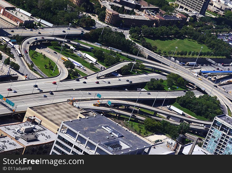 Daytime aerial expressway view of Chicago