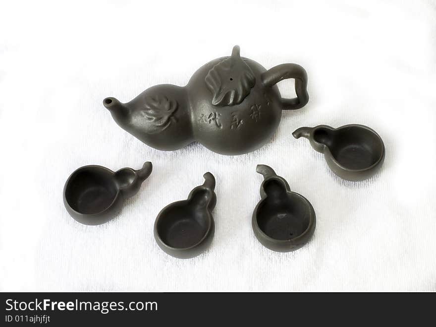 A exquisite calabash shape black Chinese (zisha) clay pot tea set. A exquisite calabash shape black Chinese (zisha) clay pot tea set