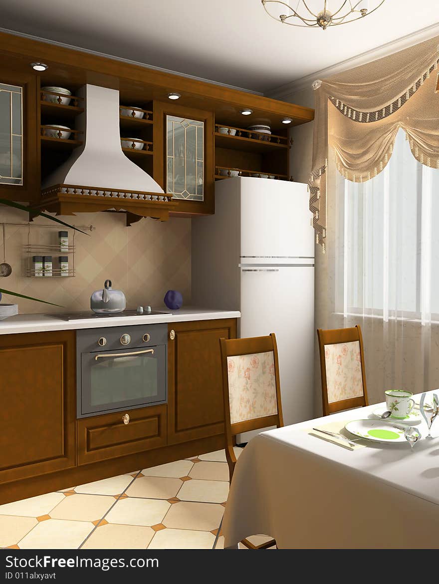 Interior of kitchen with elements of classics