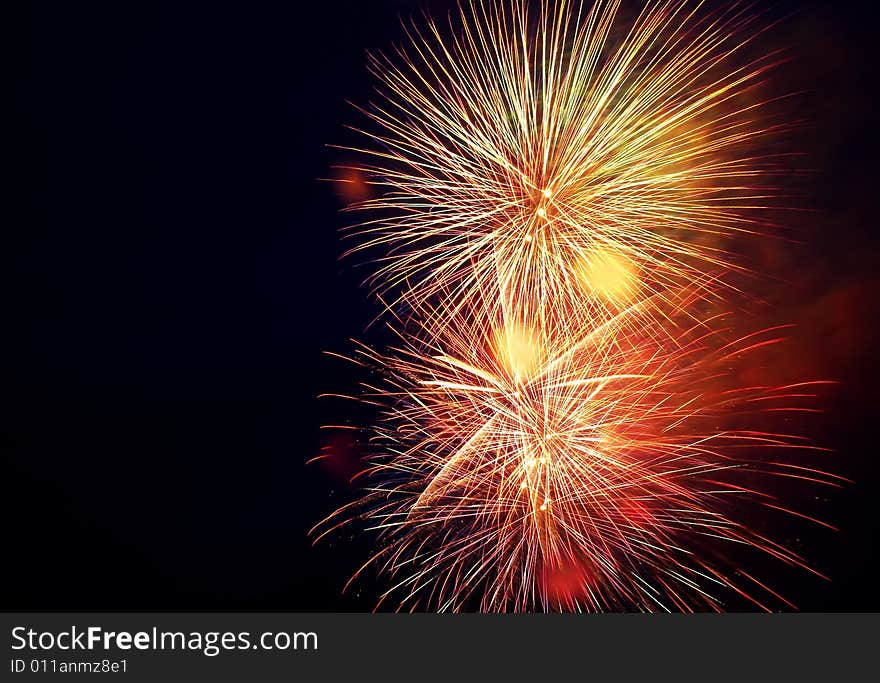 Two colorful fireworks on black sky. Two colorful fireworks on black sky