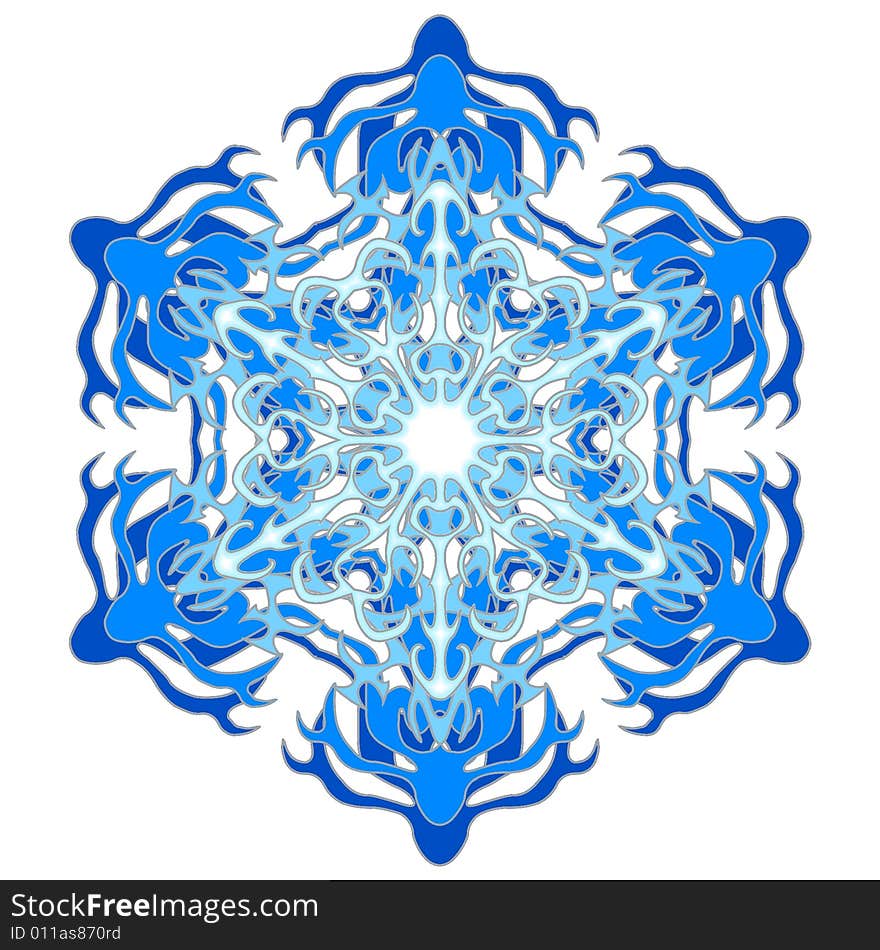 Big blue snowflake made of various smaller patterns. Big blue snowflake made of various smaller patterns.