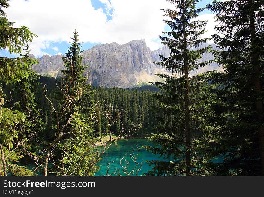 Sella montain group,  green valley and  woods. Italy. Sella montain group,  green valley and  woods. Italy