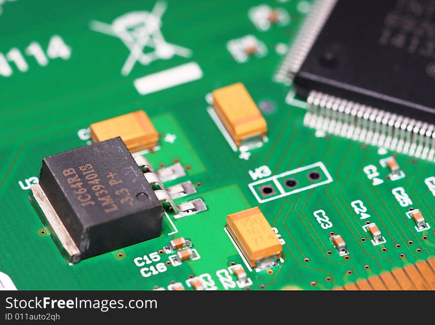 Macro shot of electronic component on electrical circuit. Macro shot of electronic component on electrical circuit.