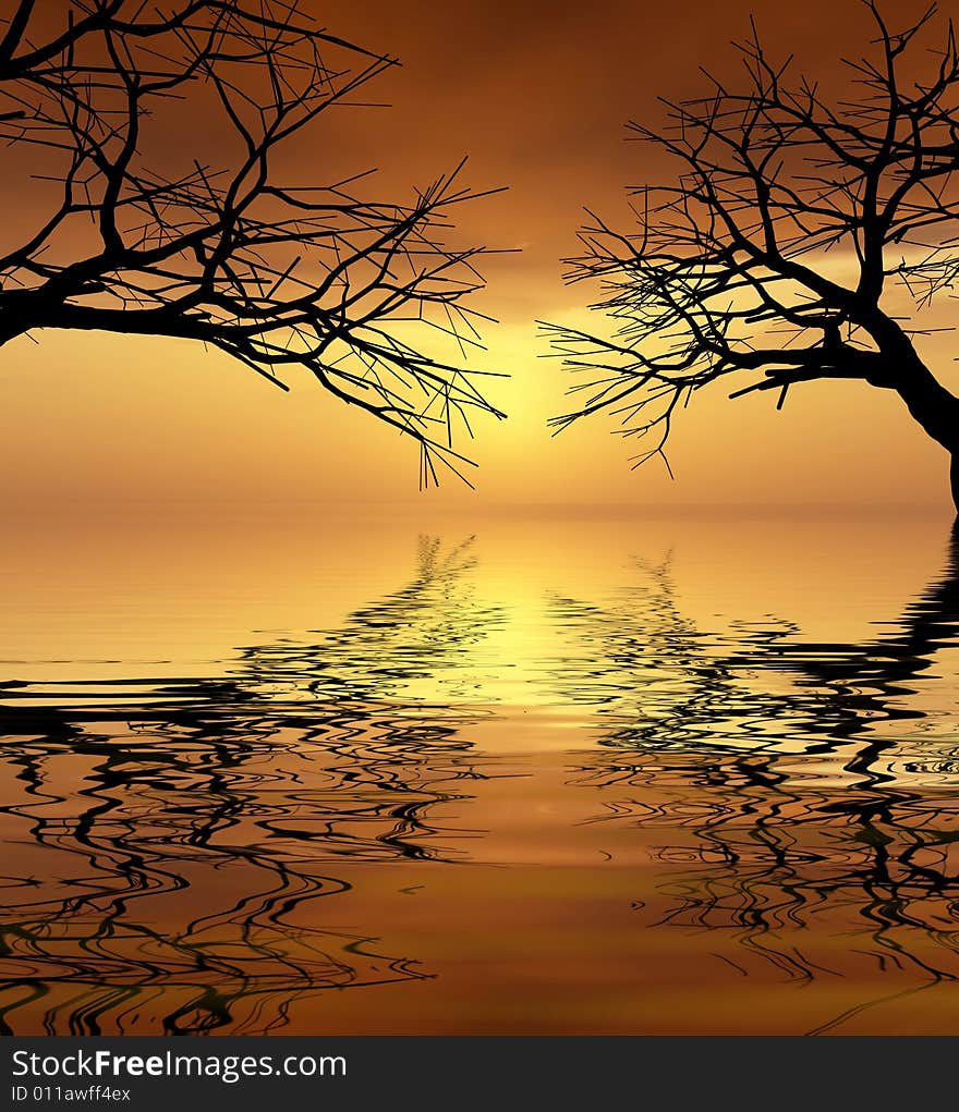 Tree silhouettes at sunset - digital artwork. Tree silhouettes at sunset - digital artwork