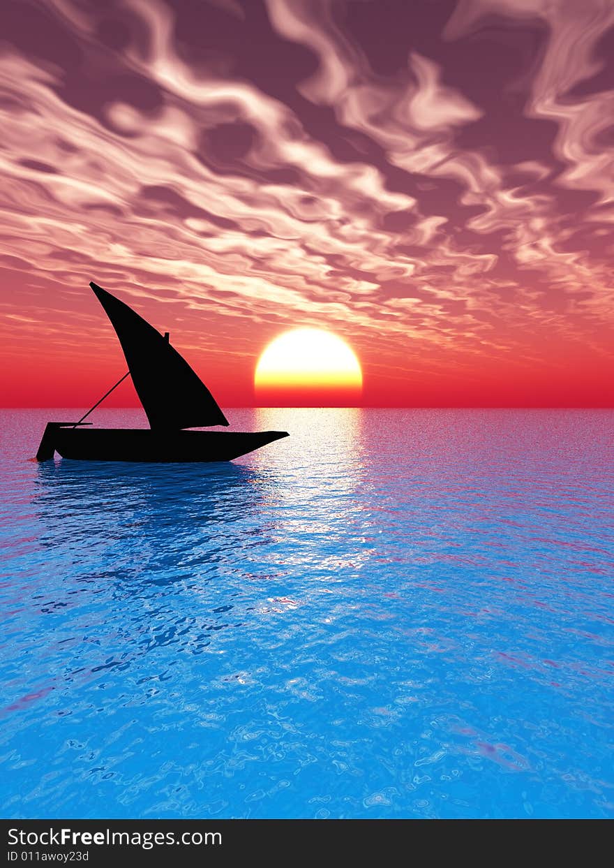 Small boat and  sunset  sky - digital artwork .