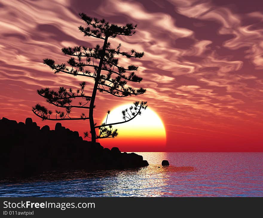 Pine tree at sea coast - digital artwork.