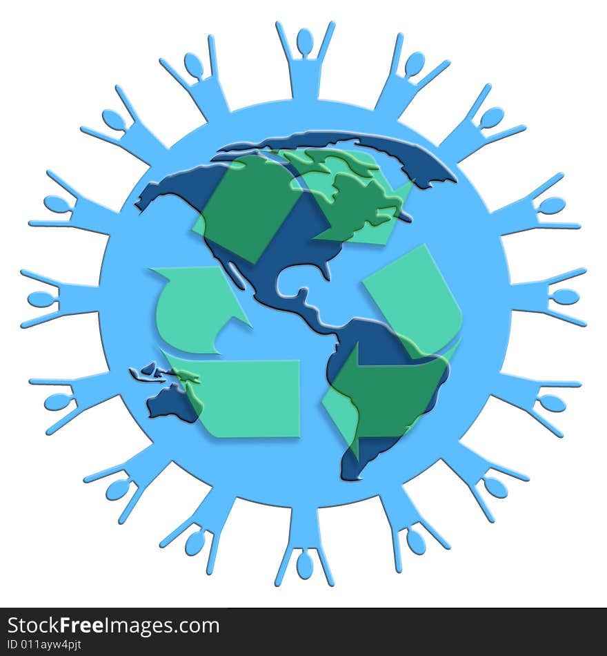 Planet Earth with people silhouette around the outer edge layered with a recycle symbol. Planet Earth with people silhouette around the outer edge layered with a recycle symbol