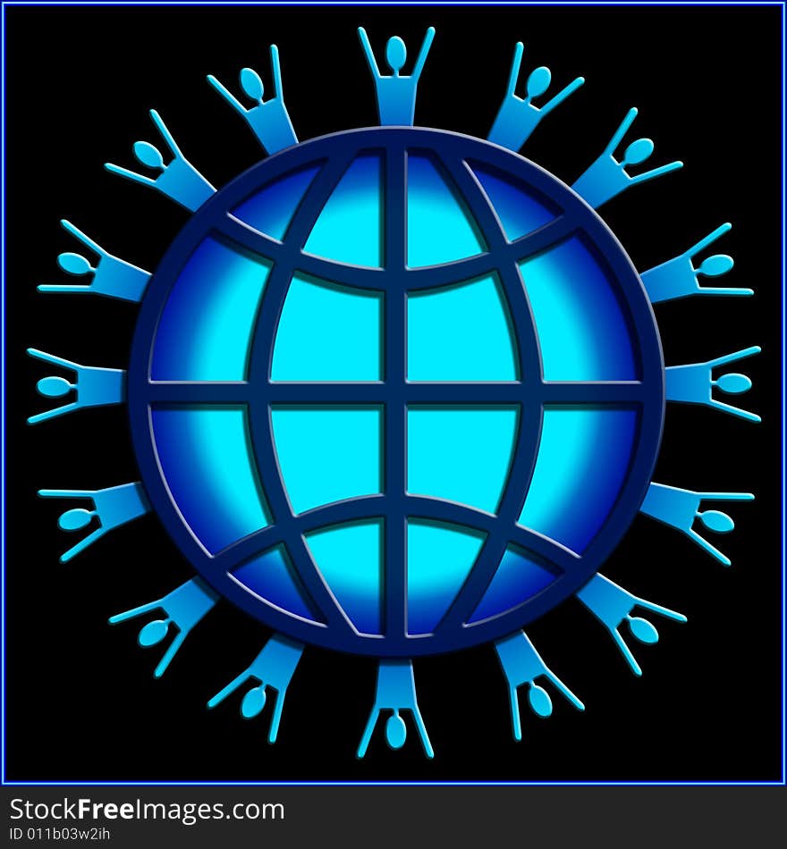 Planet Earth with people silhouette around the outer edge layered with a linear web. Planet Earth with people silhouette around the outer edge layered with a linear web