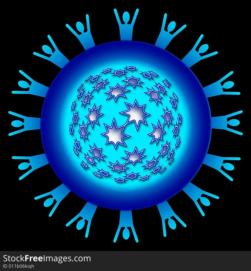 A circle with people silhouettes radiating from the edges creating a sun like shape layered with stars. A circle with people silhouettes radiating from the edges creating a sun like shape layered with stars