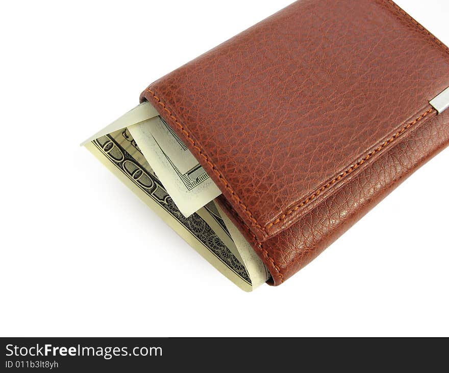 Purse with money on a white background