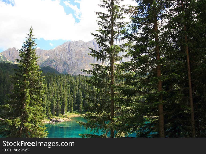 Green pines woods, blue turqoise Carezza  lake & view on Sella montain group, Italy. Green pines woods, blue turqoise Carezza  lake & view on Sella montain group, Italy