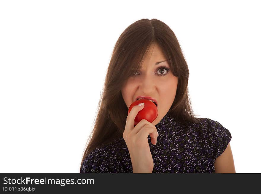 Pretty girl with tomato on the white. Pretty girl with tomato on the white