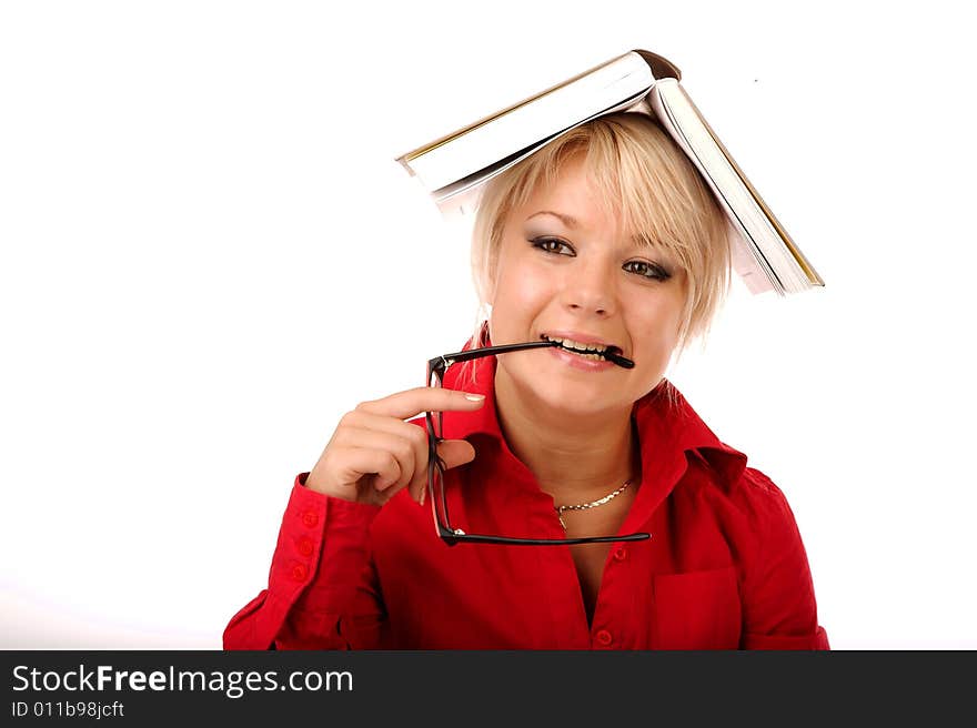 Girl with book on the white. Girl with book on the white