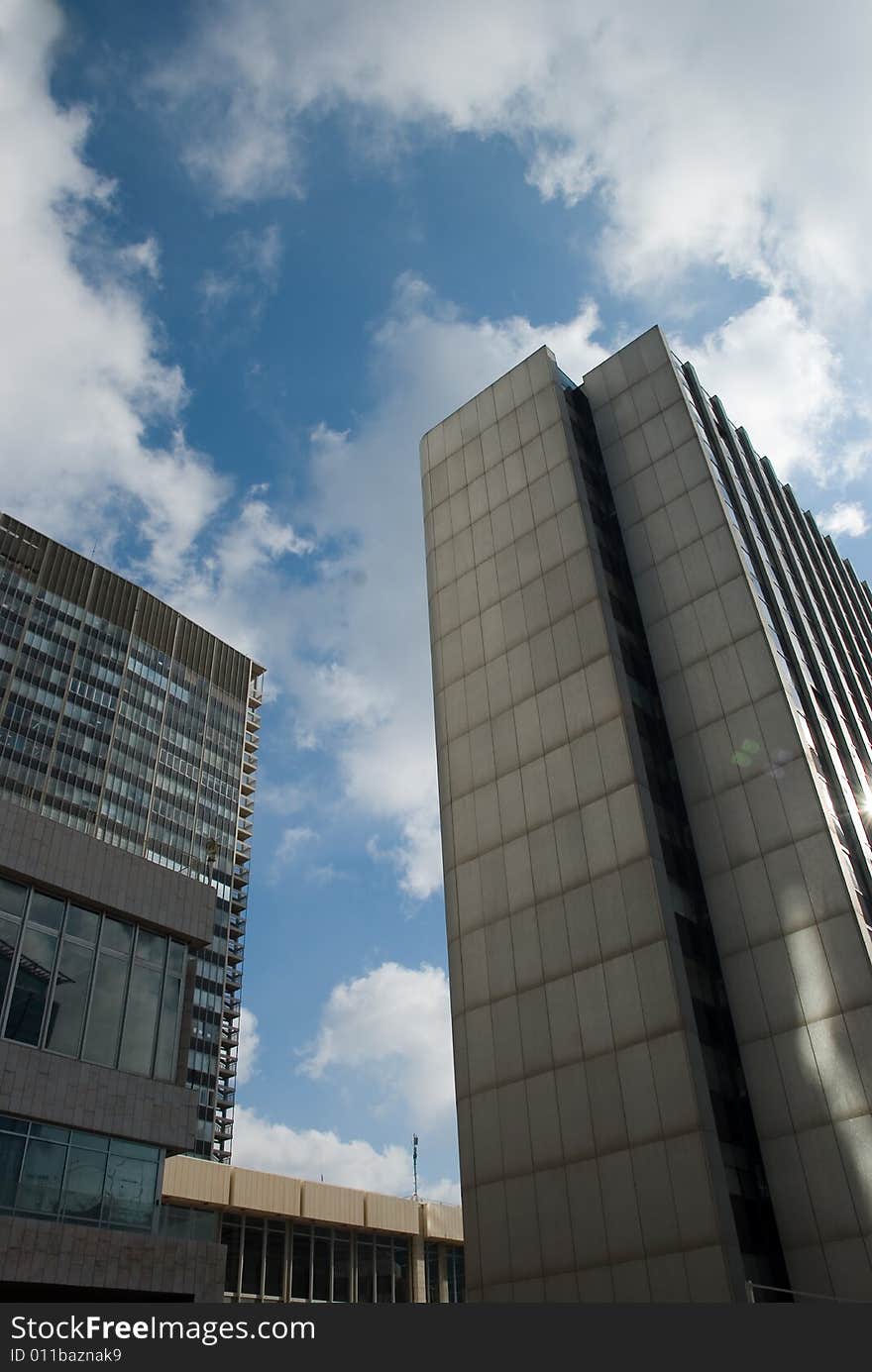 A complex of skyscrapers in day time