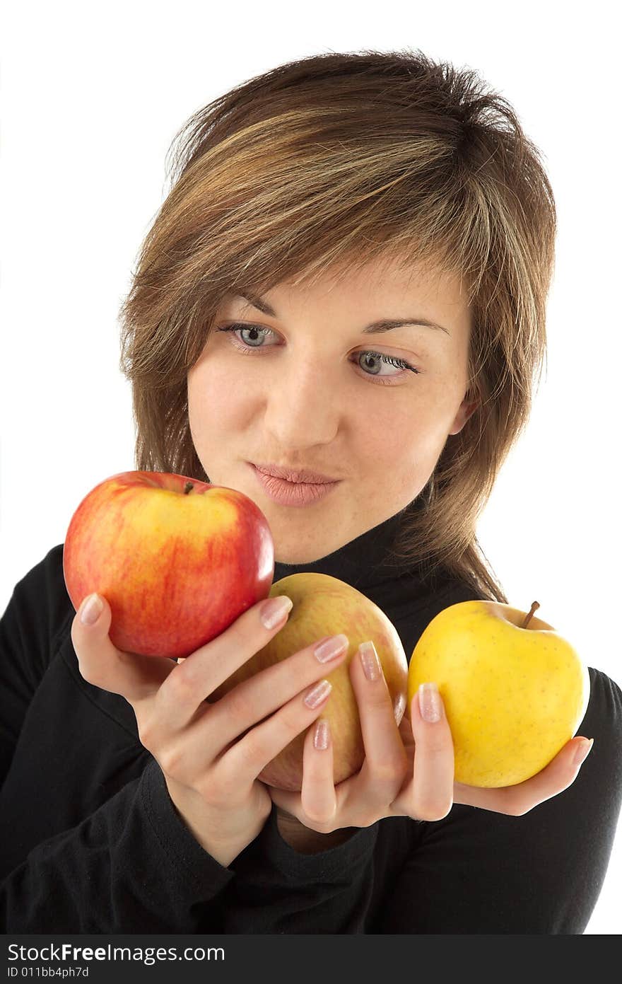 Young beautiful girl with apples on the white. Young beautiful girl with apples on the white