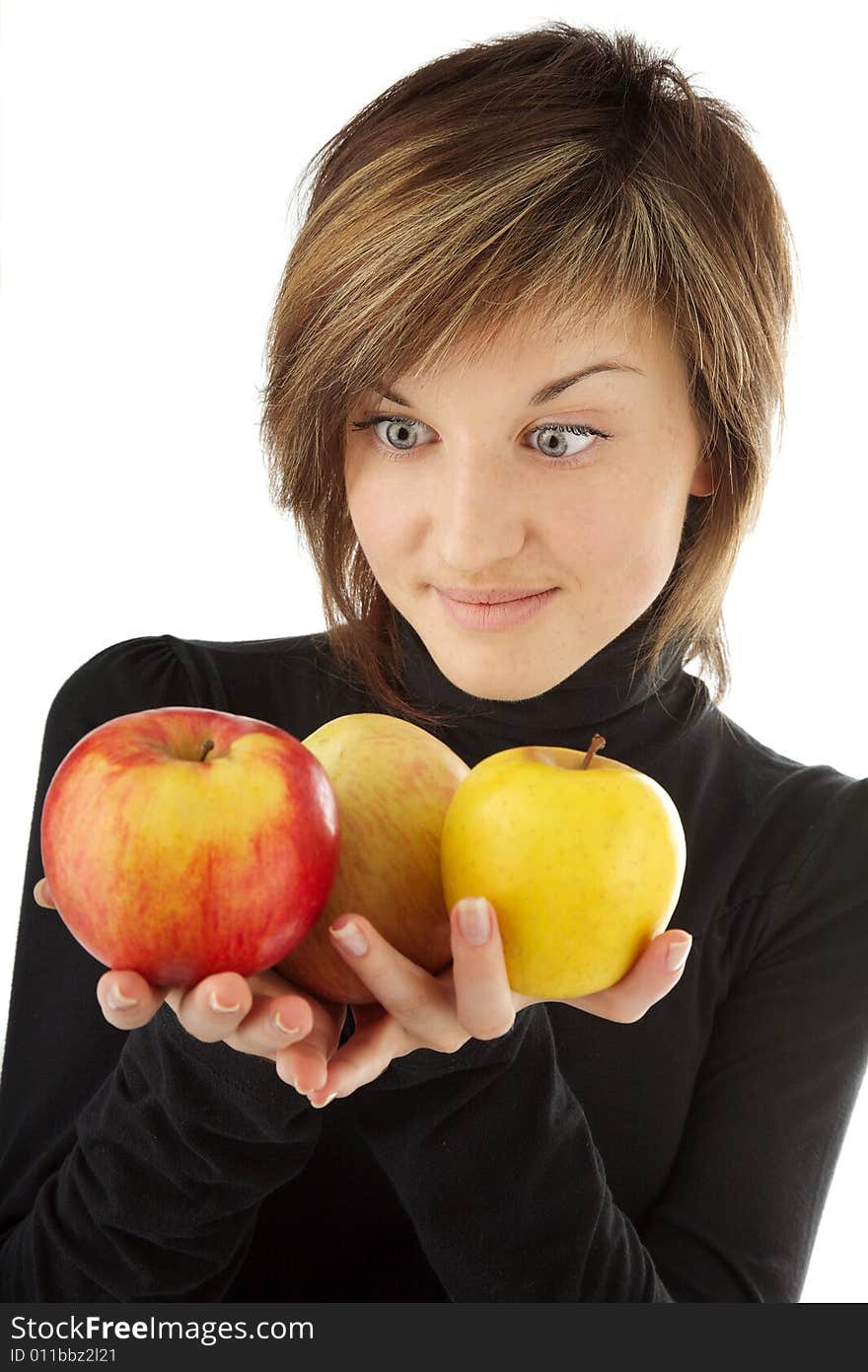 Young beautiful girl with apples on the white. Young beautiful girl with apples on the white