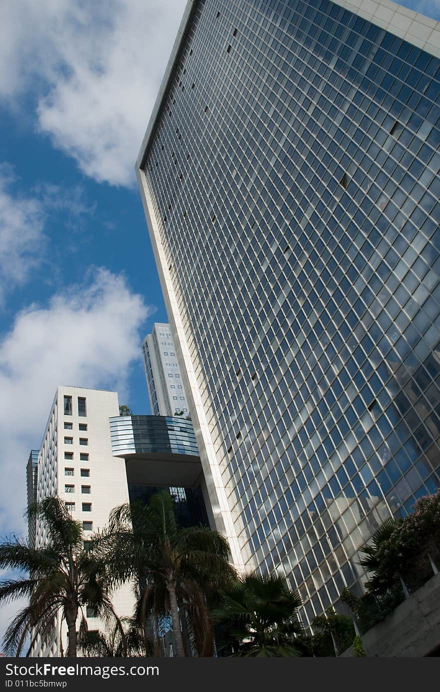 A complex of skyscrapers in day time