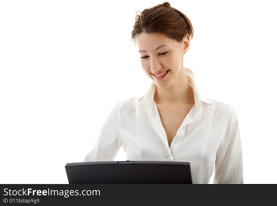 Attractive young woman with laptop on the white. Attractive young woman with laptop on the white